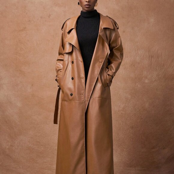 Brown Elegant Women's Long Trench Coat With Pockets - Picture 3 of 8